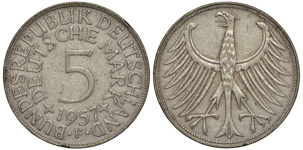 ФРГ 5 марок 1957 F, J. 387, KM 112.1 серебро 603-1241