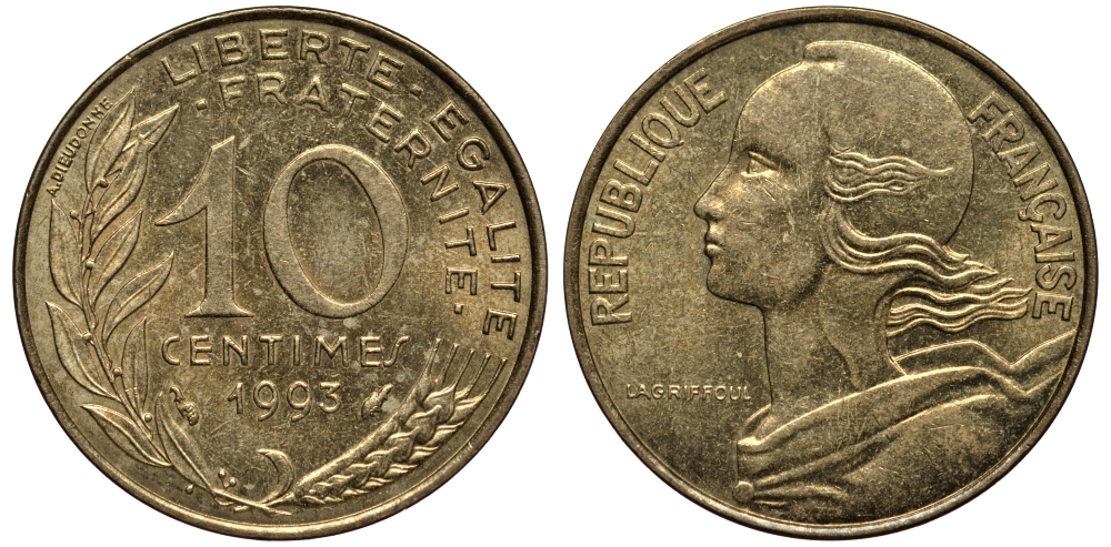 ФРАНЦИЯ 10 САНТИМОВ 1993 ТИП MARIANNE KM 929, LE FRANC 144.35 медь алюминий никель 4390-917
