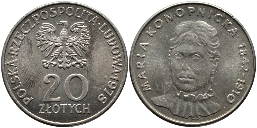 Польша 20 злотых 1978 MW, Портрет Марии Конопницкой (1842-1910) KM 95 медно-никель UNC 441-843