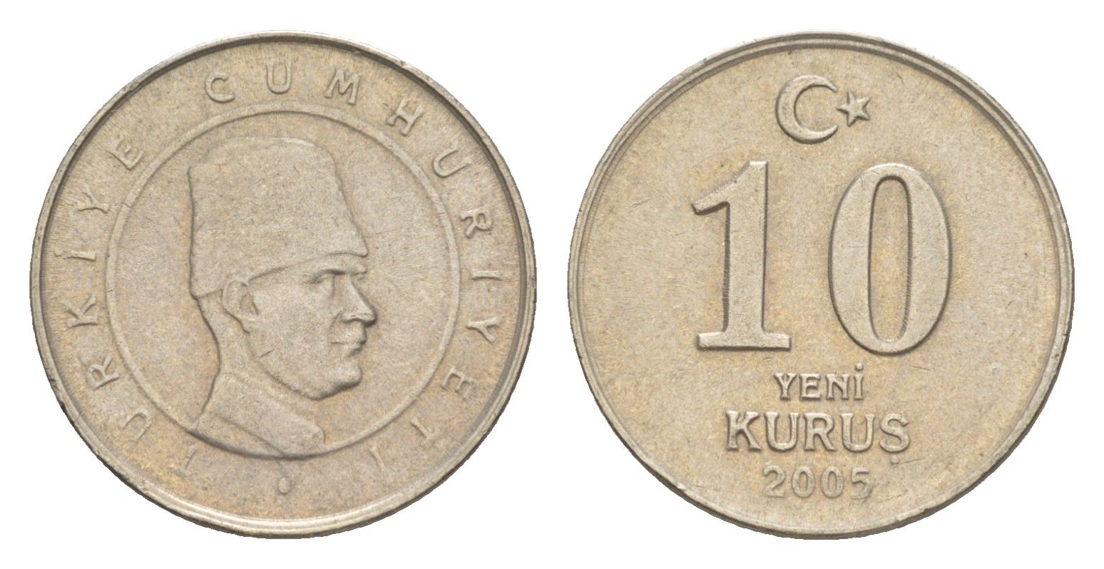 Турция 10 курушей 2005 Кемаль Ататюрк KM 1166 медь цинк никель 4647-568