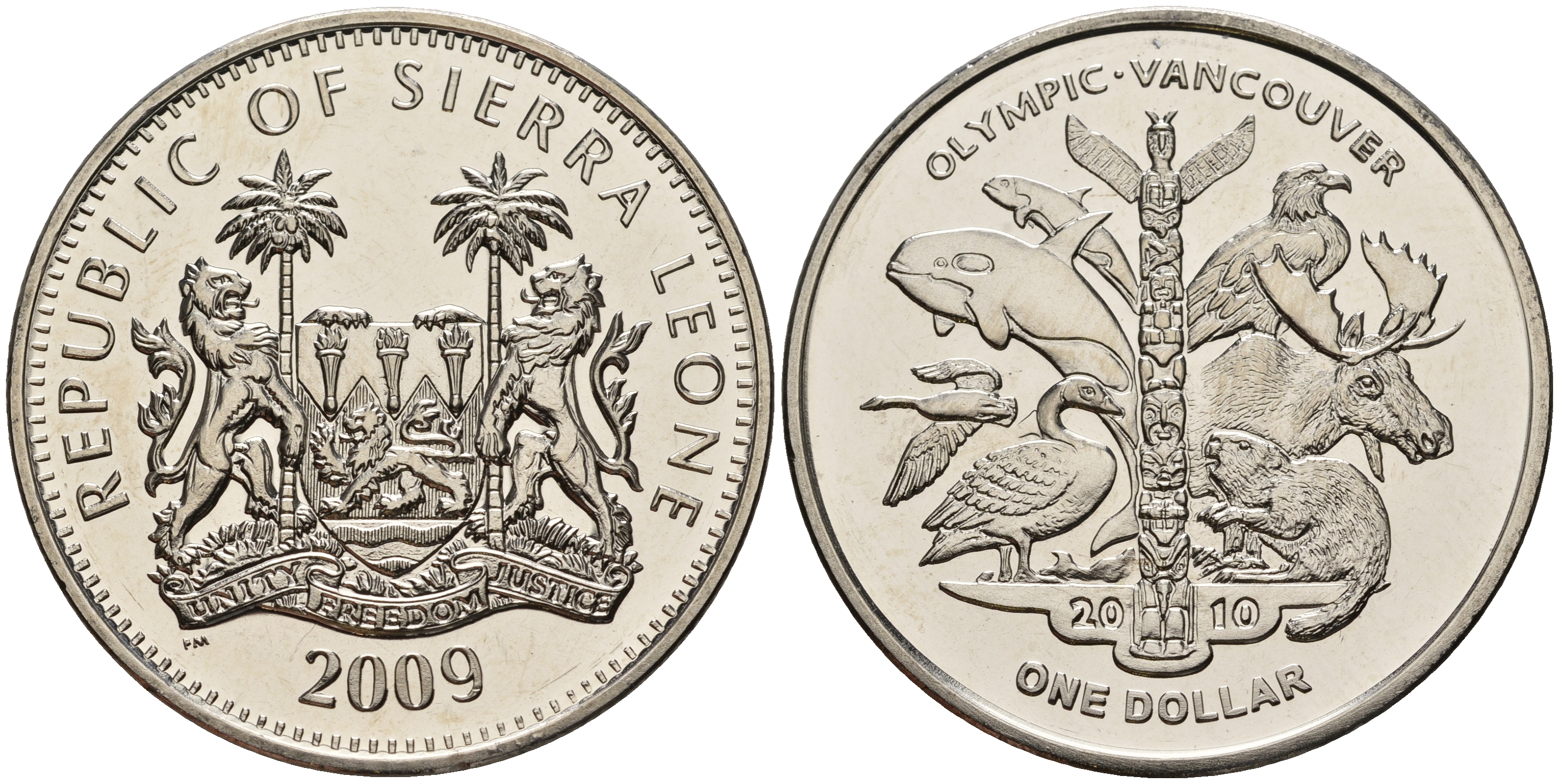 Сьерра-Леоне 1 доллар 2009 XXI зимние Олимпийские Игры, Ванкувер 2010 - животные медно-никель UNC 118-325