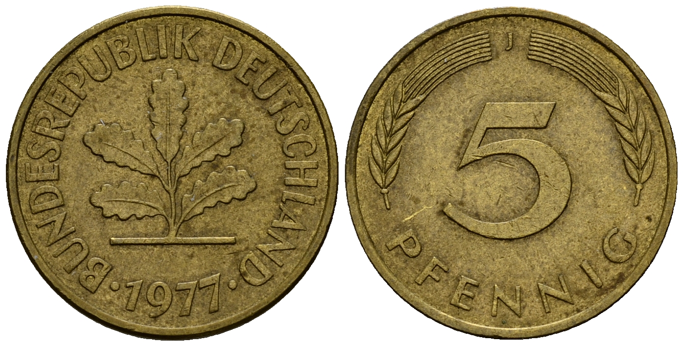 ФРГ 5 пфеннигов 1977 J J.382, KM 107 сталь плакированная латунью    4598-1015