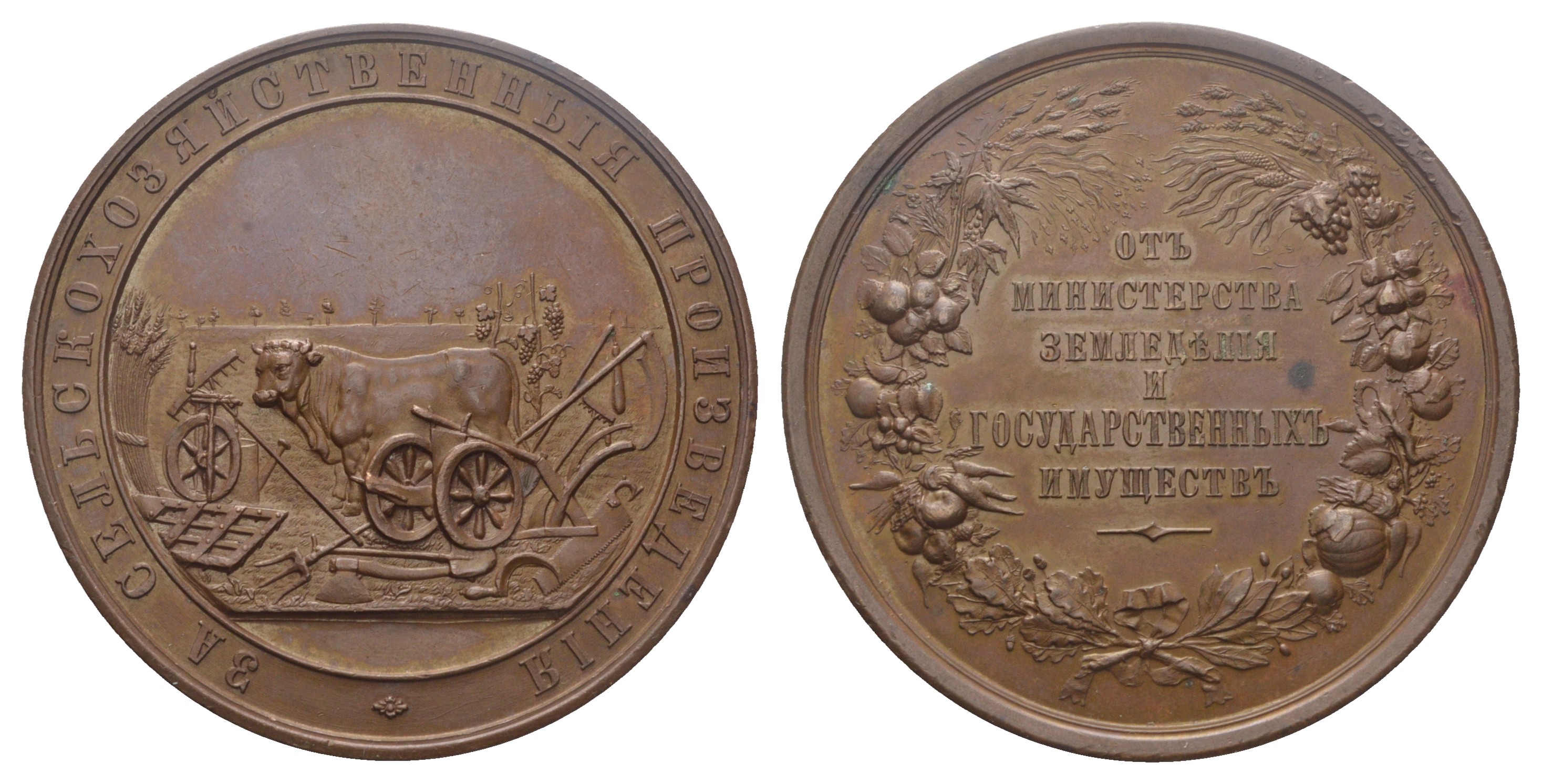 Россия медаль 1894-1902 3а сельскохозяйственные произведения. От Министерства земледелия и государственных имуществ Дьяков 1157.2 бронза    10-004-19