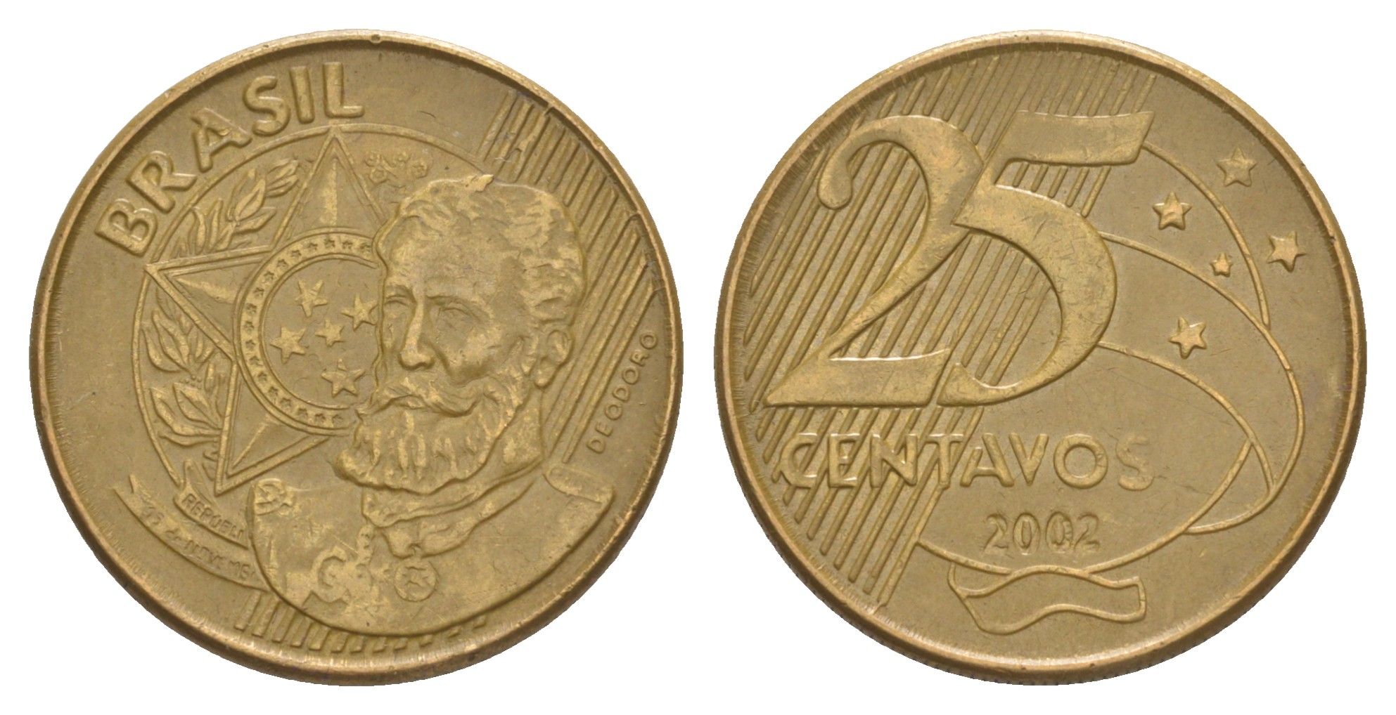 Бразилия 25 сентаво 2002 KM 650 сталь плакированная латунью 4648-1212