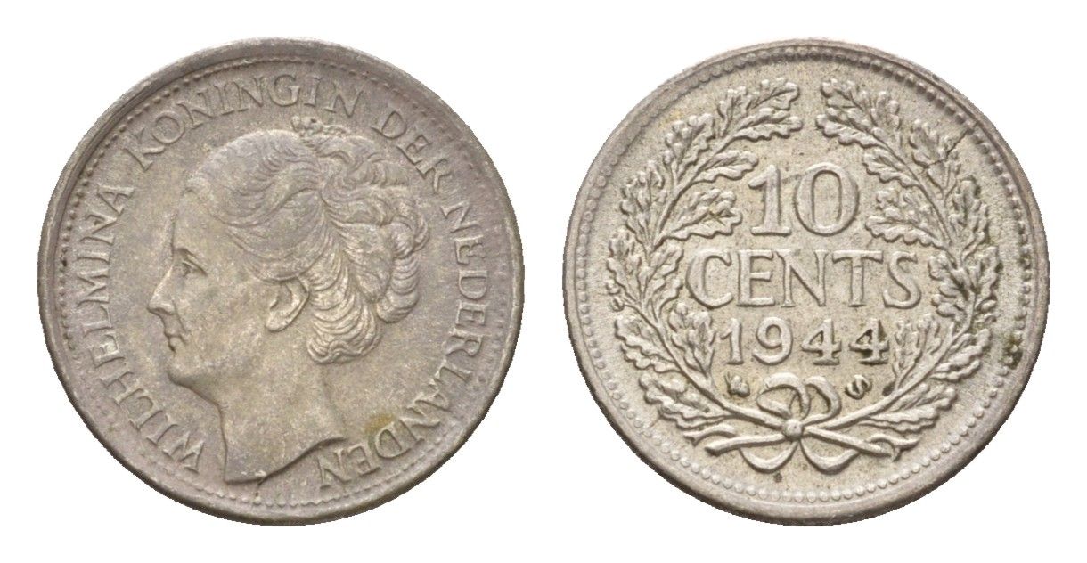 Нидерланды 10 центов 1944 Вильгельмина (1890-1948) KM 163 серебро aUNC 4669-1216