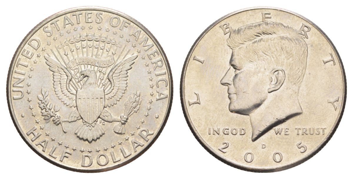 США 1/2 доллара (50 центов) 2005 D, Джон Кеннеди KM A202b медь плакированная медно-никелем aUNC 4517-424