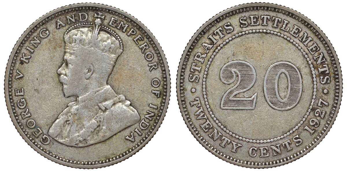 Стрейтс-Сетлментс 20 центов 1927 Георг V (1910-1936) КМ 30b серебро 53-751