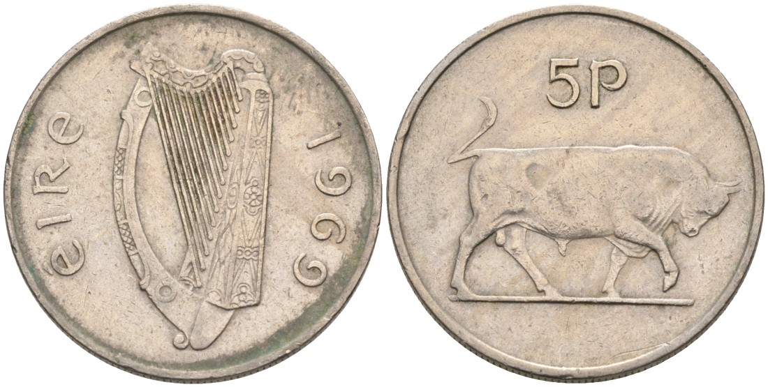 Ирландия 5 пенсов 1969 бык KM 22 медно-никель 4561-1146