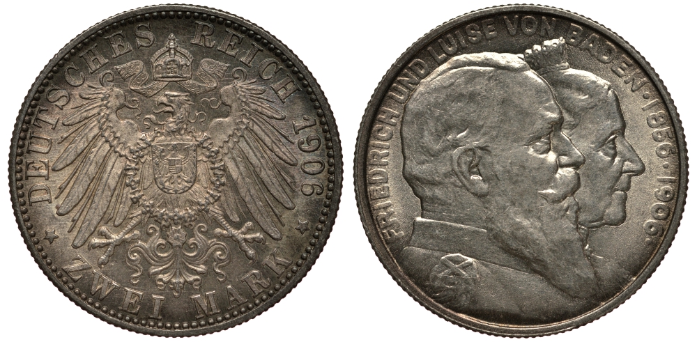 Баден 2 марки 1906 золотая свадьба Фридриха I и Луизы (1856-1906) J. 34, KM 276 серебро 3711-1812