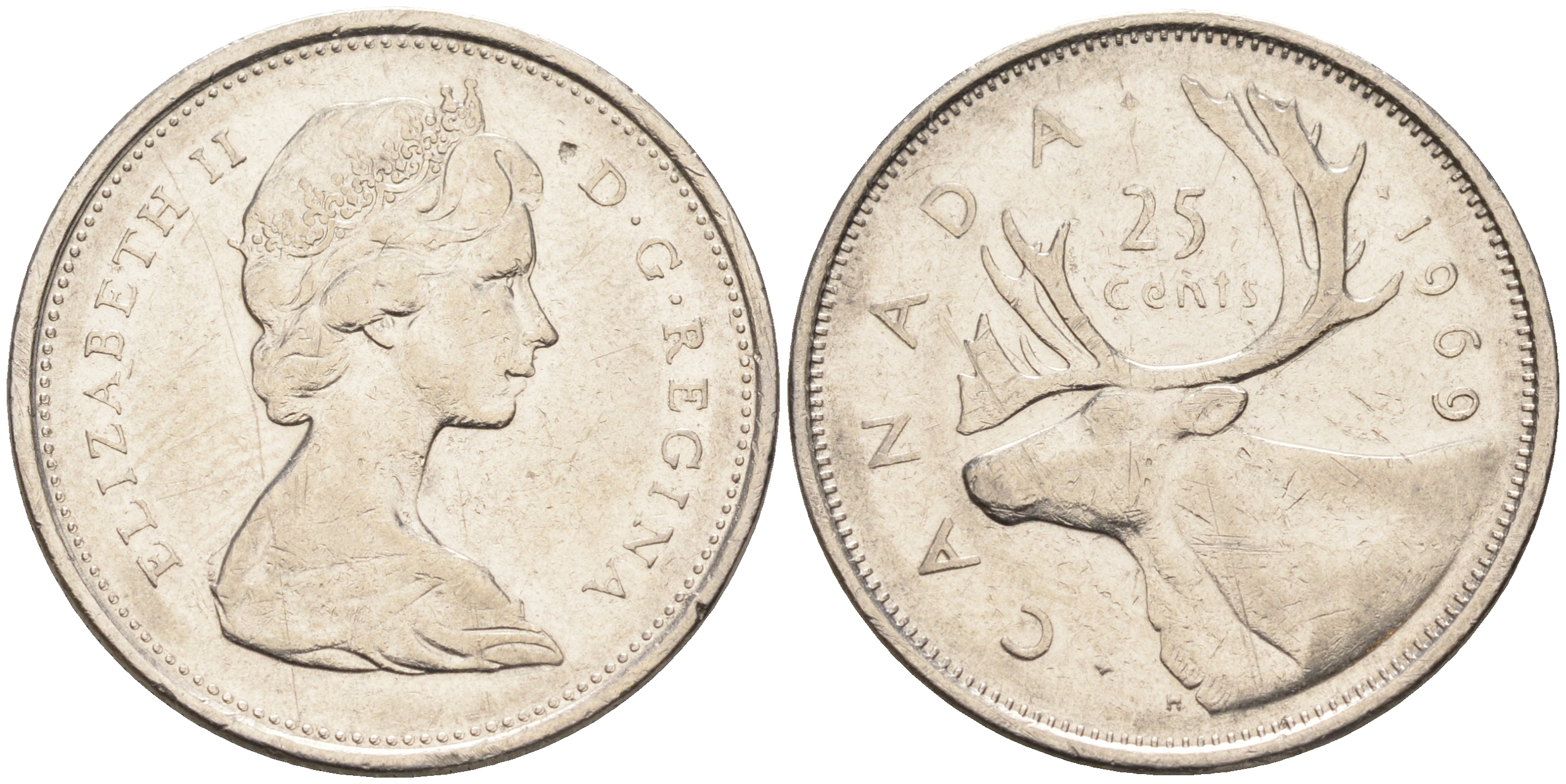 Канада 25 центов 1969 Елизавета II (1952-2022), олень KM 62 b никель 4150-445