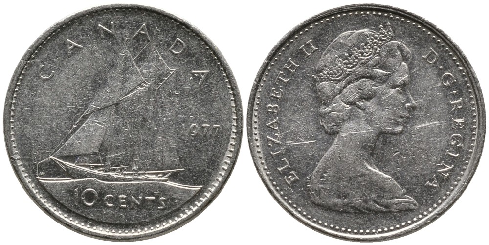 Канада 10 центов 1977 Елизавета II (1952-2022), парусник KM 77.1 никель 4532-822