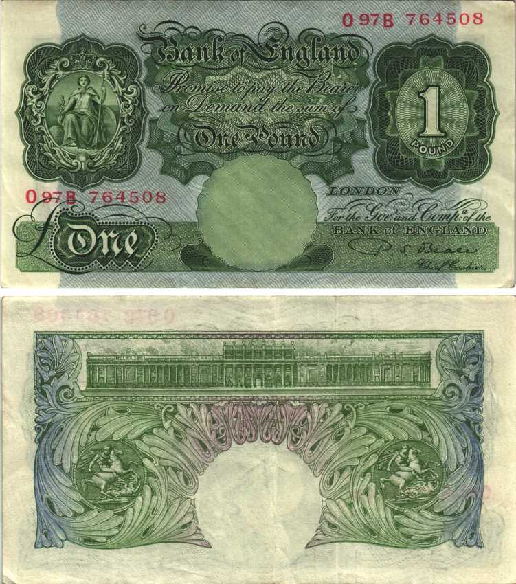 АНГЛИЯ 1 ФУНТ 1949-1955 ЗЕЛЕНЫЙ, ПОДПИСЬ ПОДПИСЬ P.S. BEALE Pick 369b бумага VF 7218-35-2