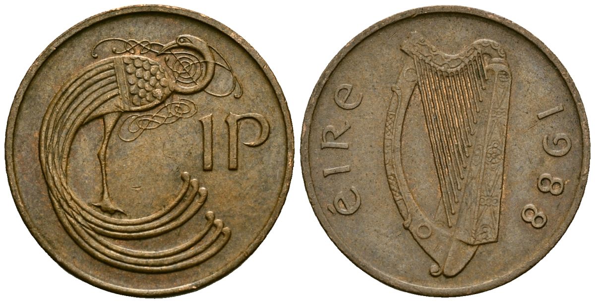 Ирландия 1 пенни 1988 мифологическая птица лира KM 20 бронза 4138-856