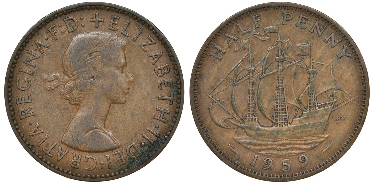 Великобритания 1/2 пенни 1959 Елизавета II (1952-2022) KM 896, Spink 4158 бронза 4681-537