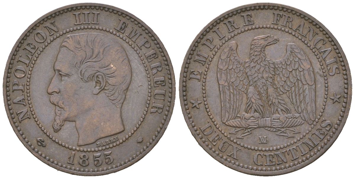 Франция 2 сантима 1855 W, Наполеон III (1852-1870) KM 776.7 бронза 4617-731