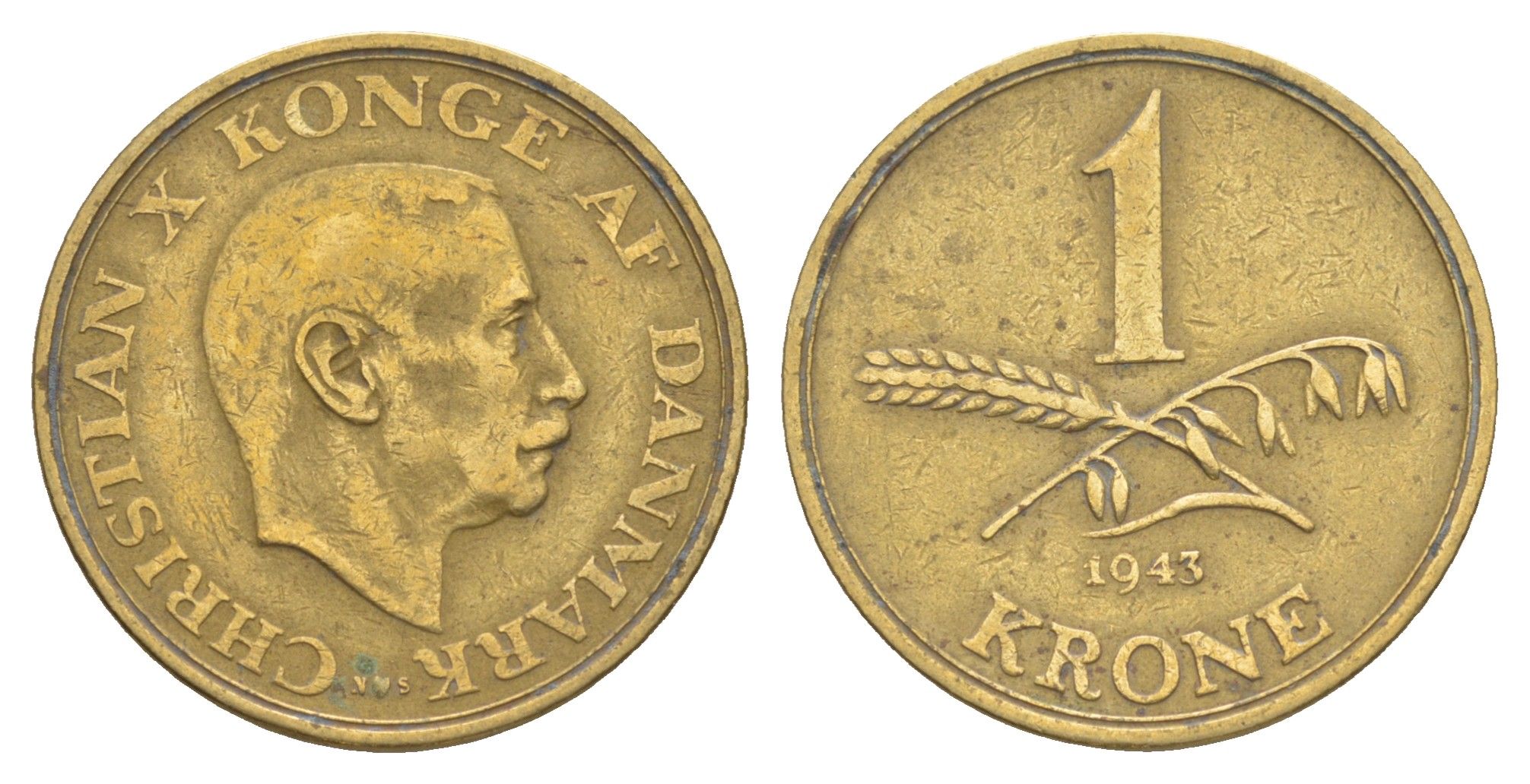 Дания 1 крона 1943 N, Кристиан X (1912-1947) KM 835 алюминиевая бронза 4638-652