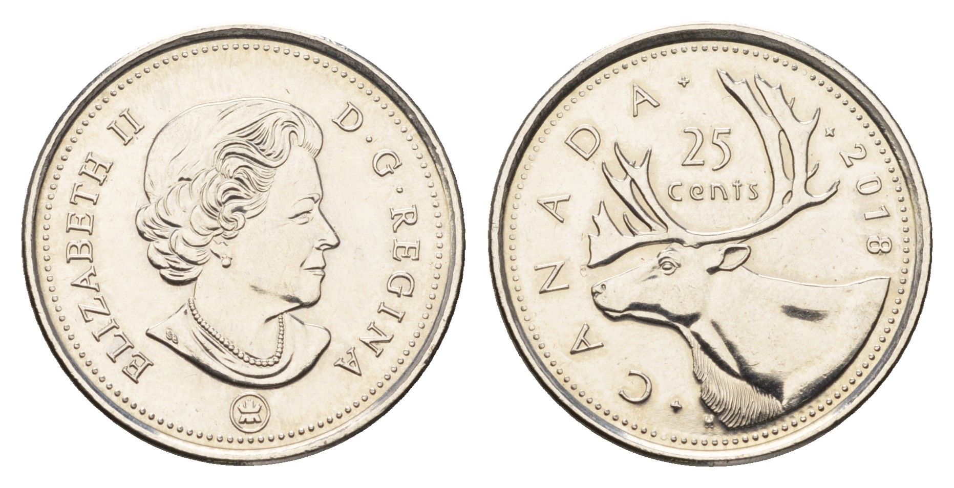 Канада 25 центов 2018 Leaf, Елизавета II (1952-2022), олень KM 493 сталь плакированная никелем UNC 110-724