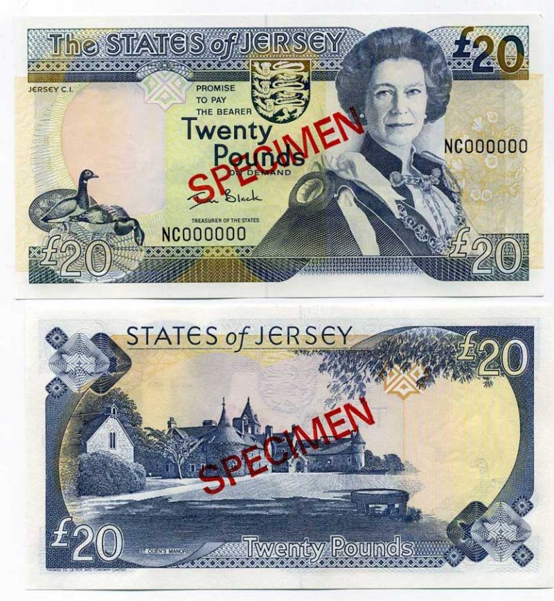 Джерси 5, 10, 20 и 50 фунтов 2000 Елизавета II (1952-2022), образец, SPECIMEN Pick 27s, 28s, 29s, 30s бумага UNC (пресс) 451-20-1