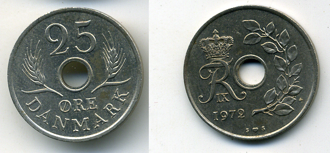 ДАНИЯ 25 ЭРЕ 1972 S; S, ФРЕДЕРИК IX (1947-1972) KM 855.2 медно-никель 54-1165