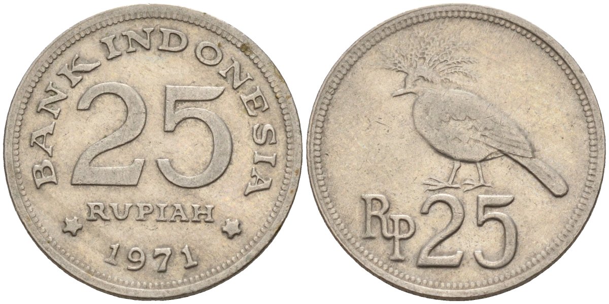 Индонезия 25 рупий 1971 венценосный голубь KM 34 медно-никель 4143-1054