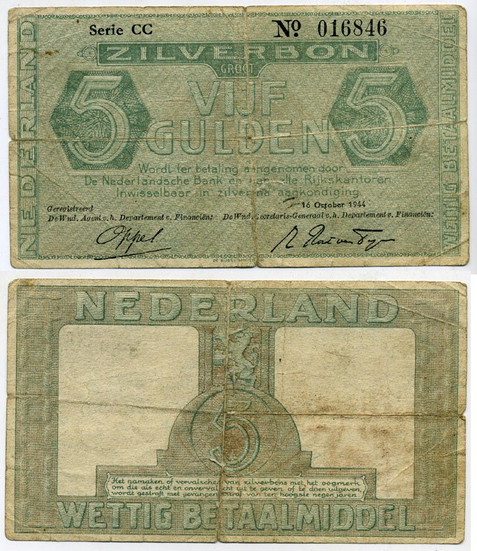 Нидерланды 5 гульденов 1944 серебряный ваучер, точка ниже о в № Pick 63 (2), Akkermans 17.1b.2 бумага 451-593-3