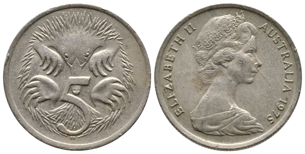 АВСТРАЛИЯ 5 ЦЕНТОВ 1975 ЕЛИЗАВЕТА II, МОЛОДОЙ ПОРТРЕТ, ЕХИДНА KM 64 медно-никель 84-435
