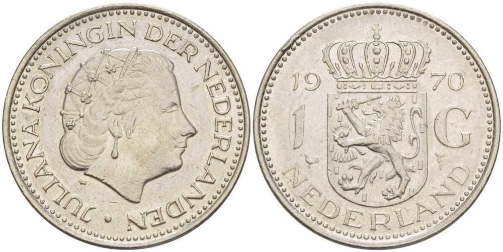Нидерланды 1 гульден 1970 Юлиана (1948-1980) KM 184а никель 213-956