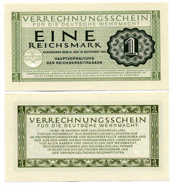 Германия 1 рейхсмарка 1944 15 сентября 1944, для Вермахта Pick M38, Розенберг 511 бумага UNC (пресс) 450-35-2