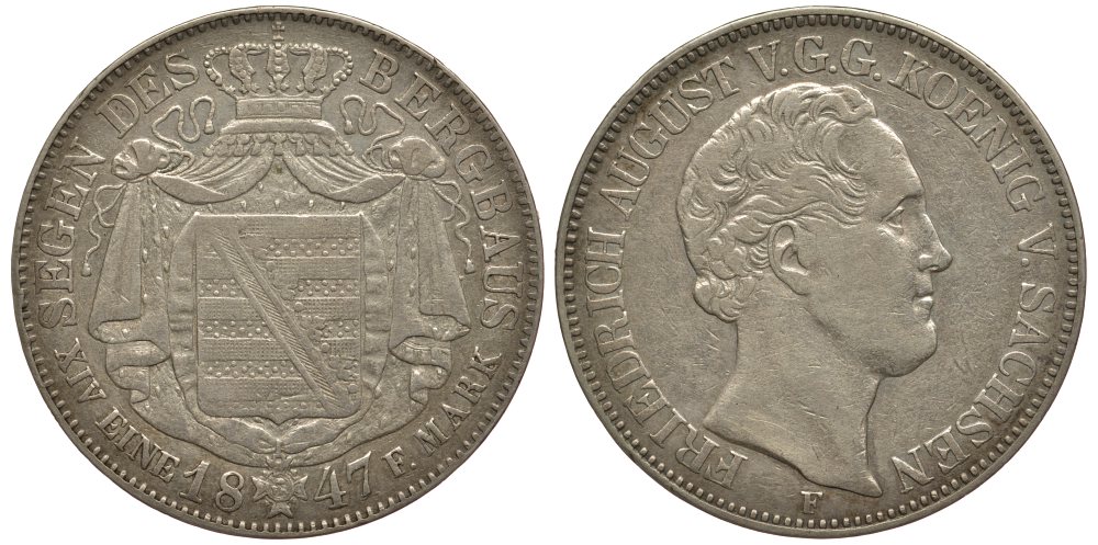 Саксония 1 талер 1847 F, Фридрих Август II (1797-1854), из коллекции Gerhart Rother KM 1162, Dav. 875 серебро 413-5045