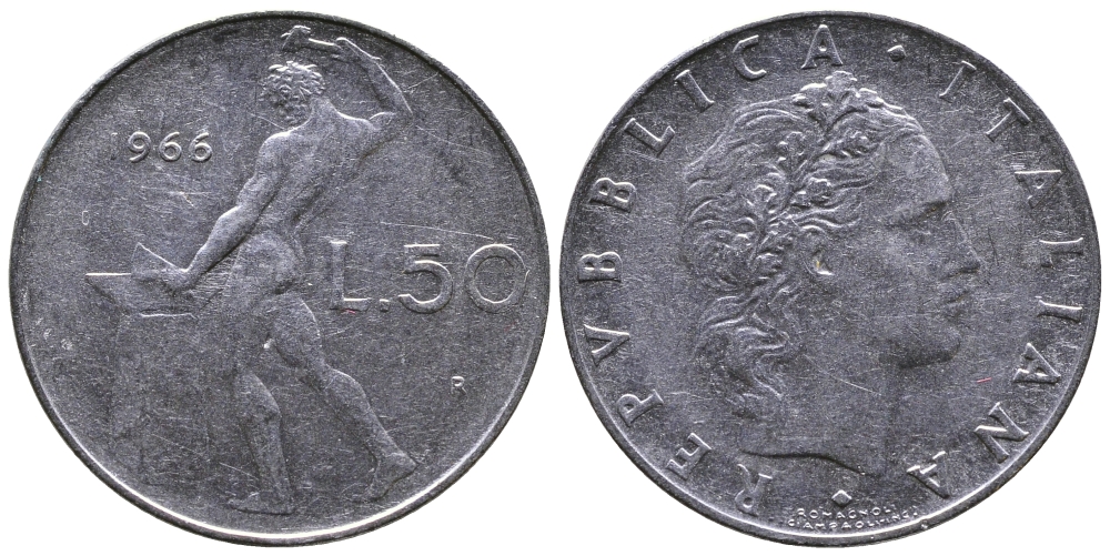 ИТАЛИЯ 50 ЛИР 1966 R, БОГ ОГНЯ ВУЛКАН У НАКОВАЛЬНИ KM 95.1 нержавеющая сталь 3333-213