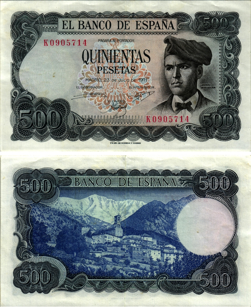 ИСПАНИЯ 500 ПЕСЕТ 1973 23 ИЮЛЯ 1971, ЖАСИНТ ВЕРДАГЕР Pick 153а бумага XF 2192-99-1-1