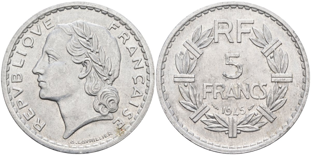 Франция 5 франков 1945 тип Lavrillier, open 9 KM 888b.1, Le Franc 339.3 алюминий 81-1141