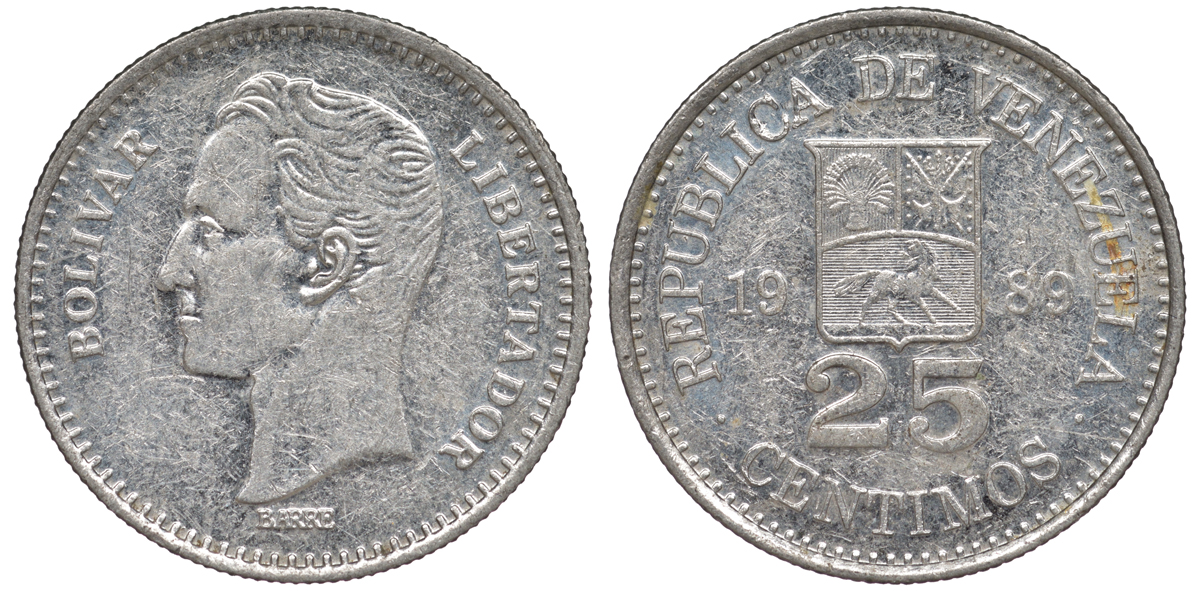 Венесуэла 25 сентимо 1989 Симон Боливар KM 50а сталь плакированная никелем 4594-538