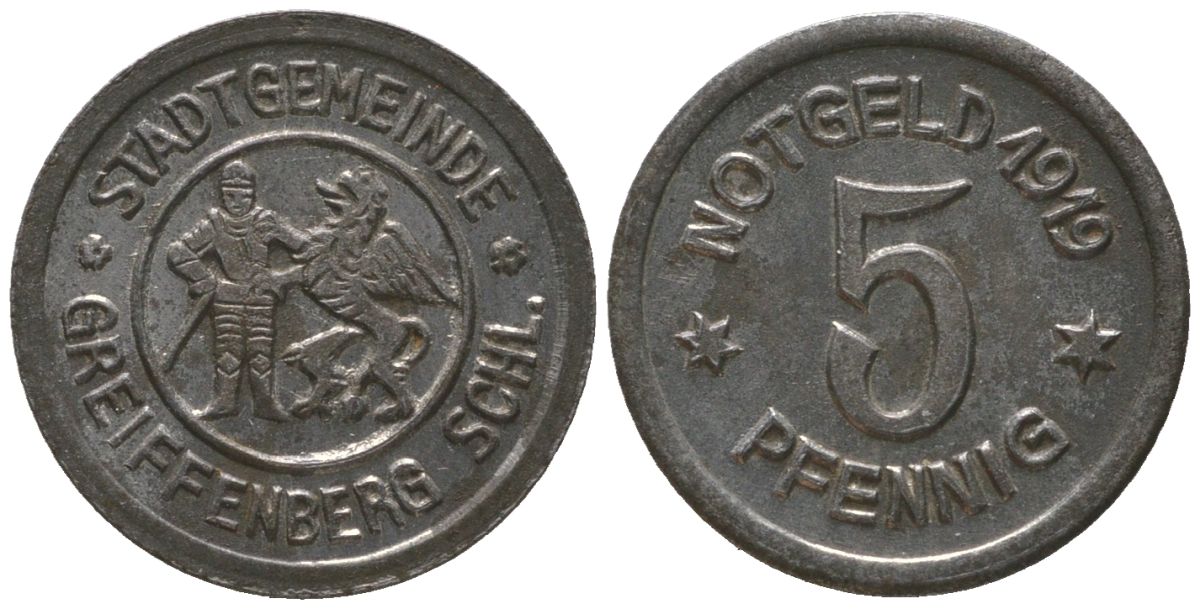 Грайфенберг (Силезия) 5 пфеннигов 1919 Funck 171.4, Men05 9538.4, Men18 11927.4 железо aUNC 4585-138