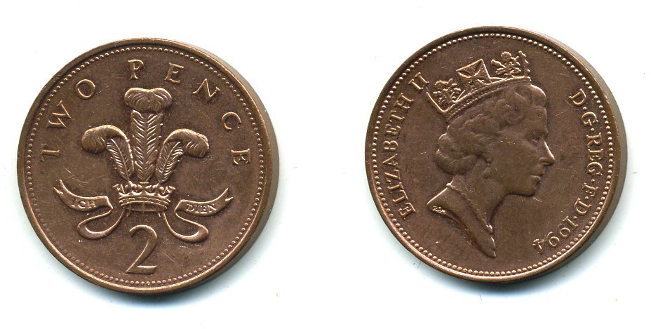 Великобритания 2 пенса 1994 Елизавета II (1952-2022) KM 936а, Spink 4386 (C4) сталь плакированная медью 540-422