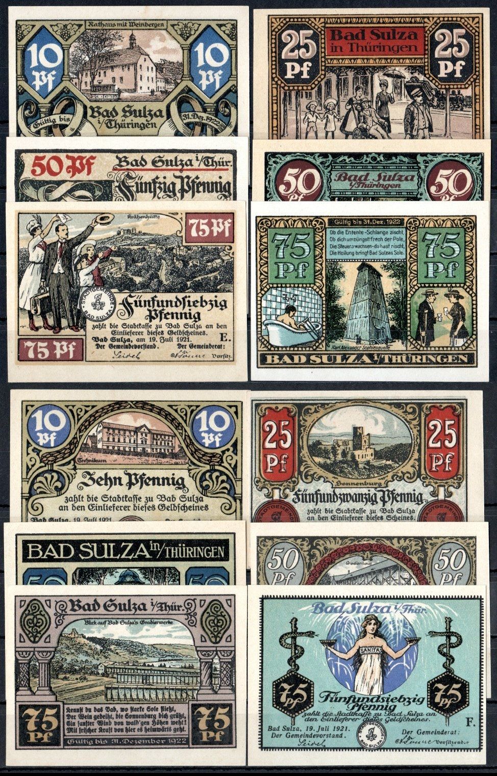Бад-Зульца (Тюрингия) полный набор из 6 нотгельдов (10, 25, 50 и 75 пфеннигов) 1921 Mehl Grabowski 1304.1a бумага UNC (пресс) 7556-64-1-1