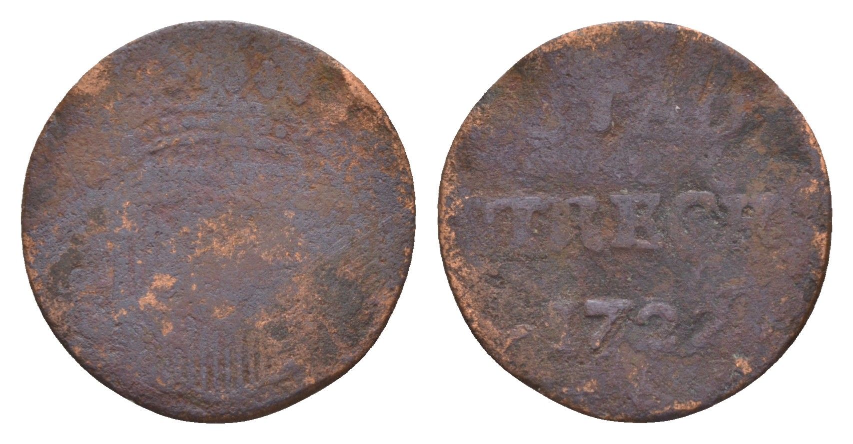 Нидерланды, Голландская Республика, Утрехт 1 дуит 1722 KM 85 медь 4655-541