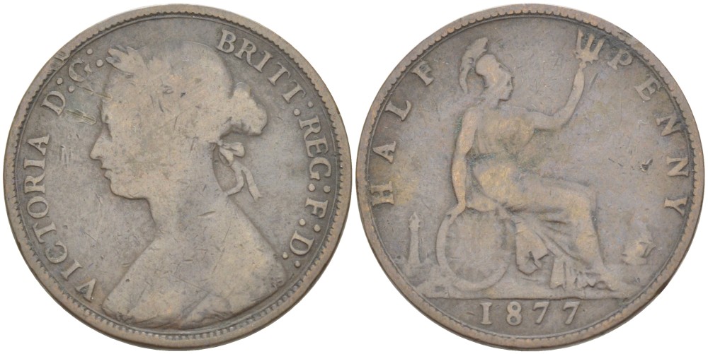Великобритания 1/2 пенни 1877 Виктория (1837-1901) KM 754, Spink 3956 бронза 4543-1212