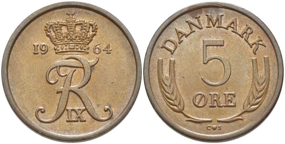 ДАНИЯ 5 ЭРЕ 1964 C;S, ФРЕДЕРИК IX (1947-1972) KM 843,2 бронза 202-716