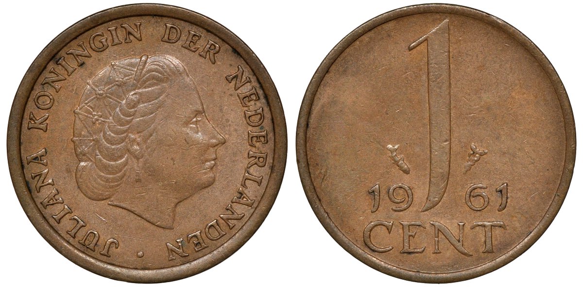 Нидерланды 1 цент 1961 Юлиана (1948-1980) КМ 180 бронза 72-1055