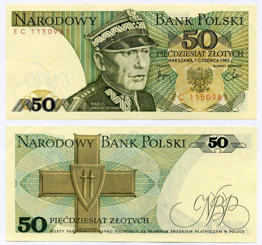Польша 50 злотых 1982 Кароль Сверчевский, знак Грюнвальдского ордена Pick 142 b бумага UNC (пресс) 6262-27-5-1