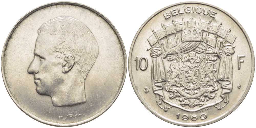 Бельгия 10 франков 1969 Belgique, Бодуэн I (1951-1993) KM 155.1 никель 115-712
