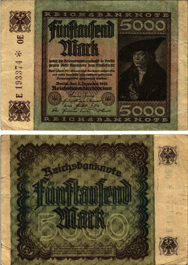 ГЕРМАНИЯ 5000 МАРОК 1922 2 ДЕКАБРЯ 1922, ВОДЯНОЙ ЗНАК Е, G/D В ЗВЁЗДАХ, СЕРИЯ ОЕ, НОМЕР ШЕСТИЗНАЧНЫЙ Pick 81a, Rosenberg 106l бумага 8616-16-2-1