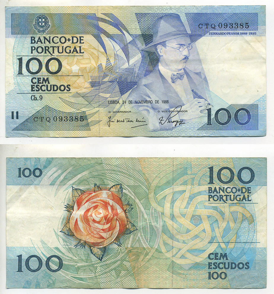 ПОРТУГАЛИЯ 100 ЭСКУДО 1988 24 НОЯБРЯ 1988, ФЕРНАНДО ПЕССОА ПОРТУГАЛЬСКИЙ ПОЭТ Pick 179f бумага 7552-58-1