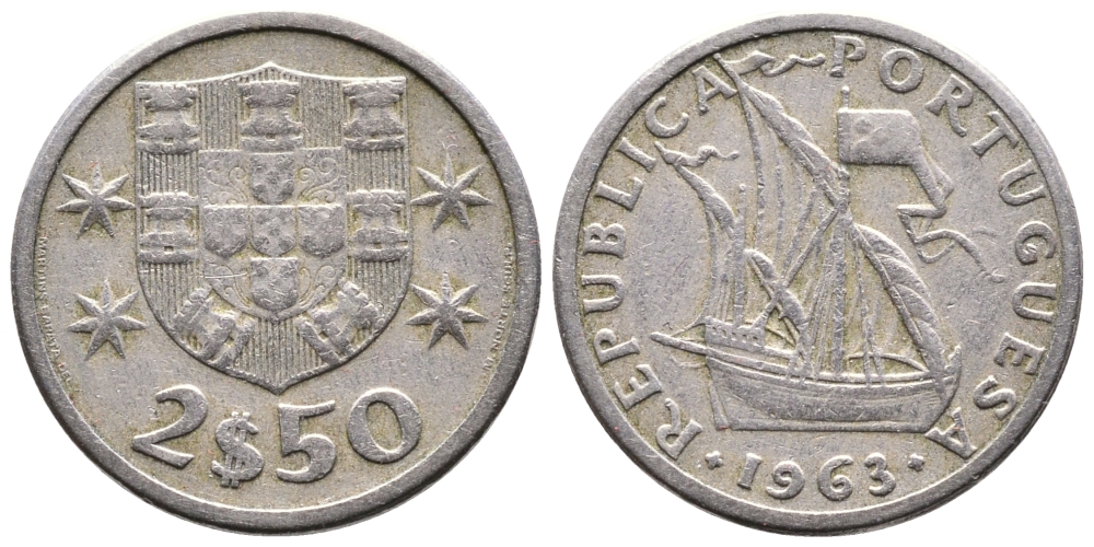 Португалия 2,5 эскудо 1963 парусник KM 590 медно-никель 177-1237