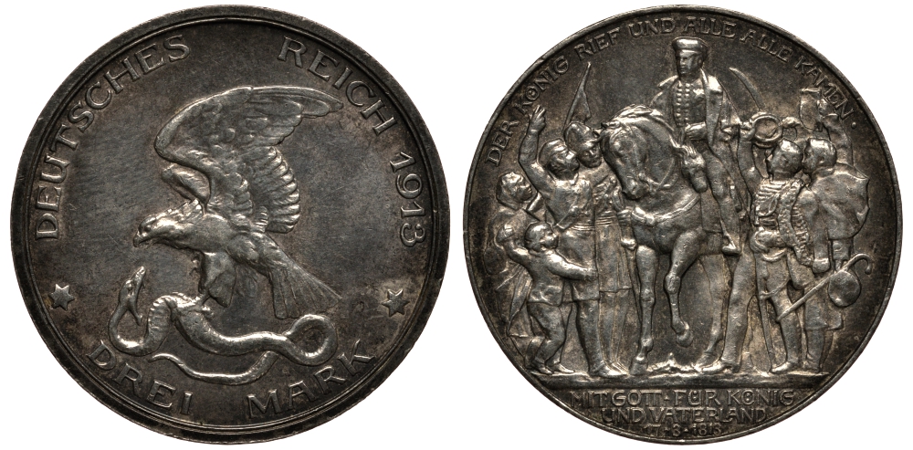 Пруссия 3 марки 1913 Вильгельм II (1888-1918), 100 лет победы над Наполеоном KM 534, J. 110 серебро 3711-1235