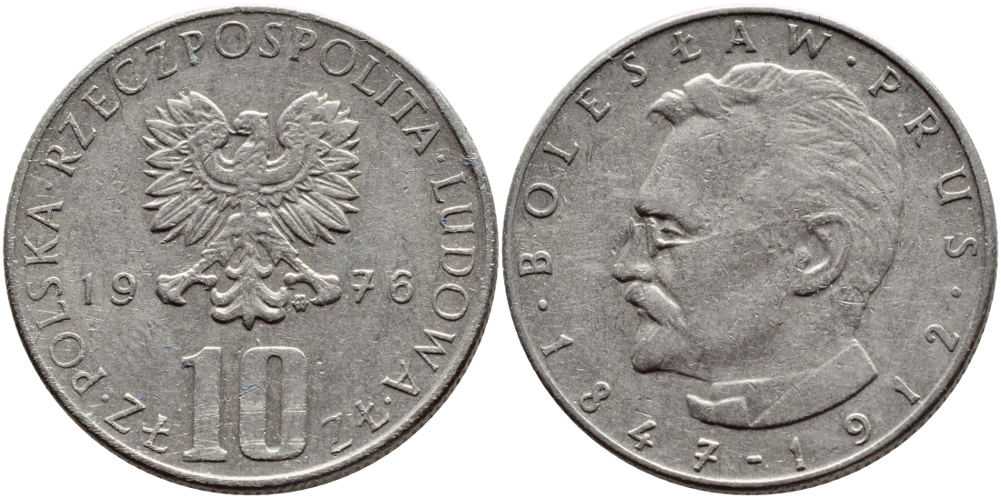 ПОЛЬША 10 ЗЛОТЫХ 1976 MW, БОЛЕСЛАВ ПРУС KM 73 медно-никель 4390-546