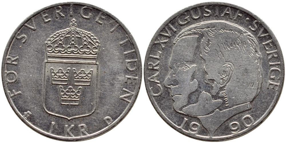 Швеция 1 крона 1990 Карл XVI Густав (1973- ) KM 852a медно-никель 4398-1221