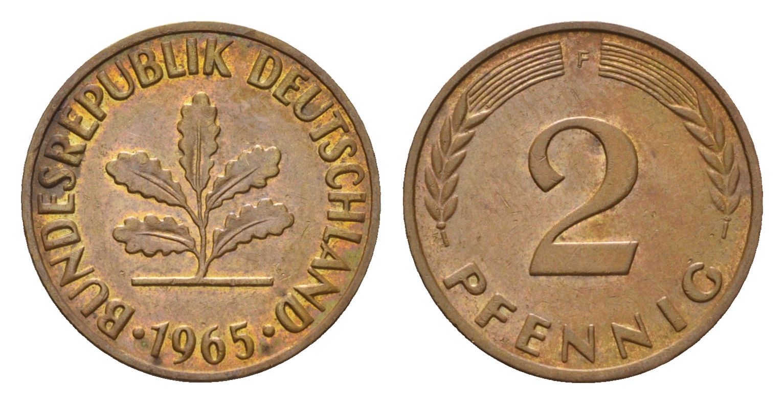 ФРГ 2 пфеннига 1965 F KM 106, J. 381 бронза 211-727