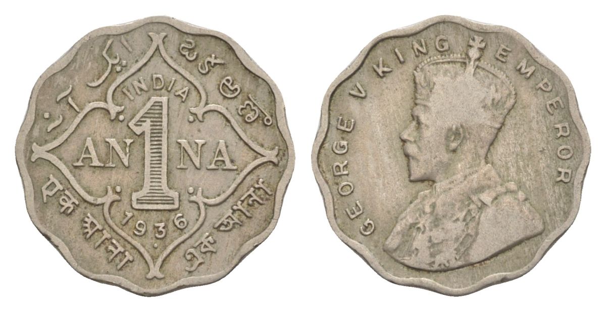 Британская Индия 1 анна 1936 Георг V (1910-1936), точка - Бомбей KM 513 медно-никель 4632-724